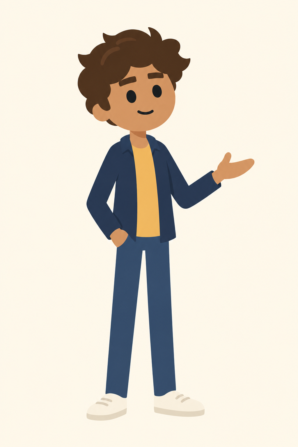 Chico, personagem 2D de cabelo castanho, jaqueta azul e camiseta amarela